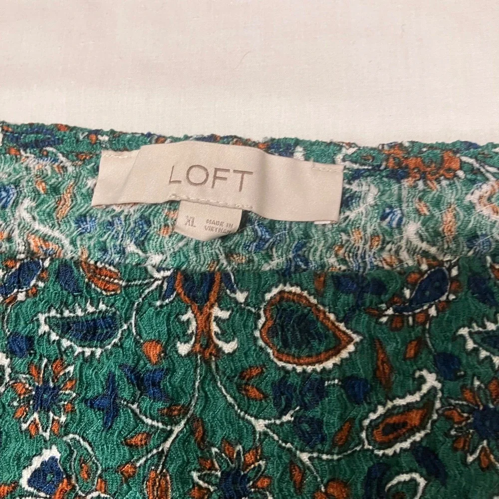 LOFT Women XL Green Floral Paisley Puff Sleeve Boat Neck Blouse Texture Top NWOT